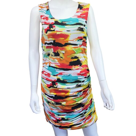 Body Language Paris Sleeveless Abstract Print Ruched Dress Womens Size Large - Picture 1 of 4
